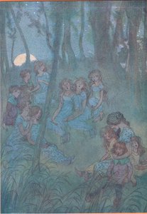 A noční luční víly, podívej, jak zpíváš, ilustrace z Veselé paničky z Windsoru, 1910 od Hugh Thomson