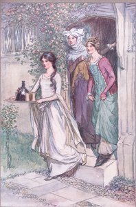 „Vstupte do Anne Page s vínem, paní Fordová a paní Pageová následují“, ilustrace z „Veselé paničky z Windsoru“ od Hugh Thomson