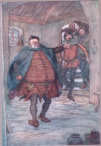 Enter Falstaff, pistole, Nym a Bardolph, ilustrace z The Merry Wives of Windsor, 1910 od Hugh Thomson