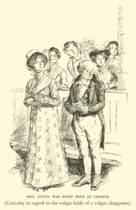 Paní Eltonová byla poprvé spatřena v kostele, zvědavost ohledně vulgární nevěsty vulgárního duchovního (rytina) od Hugh Thomson