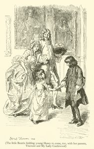 Malá Beatrix nabízela mladému Henrymu, aby přišel také se svými rodiči, vikomtem a My Lady Castlewood (rytina) od Hugh Thomson