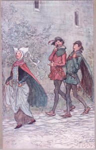 Když paní Bridget ztratila rukojeť svého vějíře, ilustrace z Veselé paničky z Windsoru, 1910 od Hugh Thomson