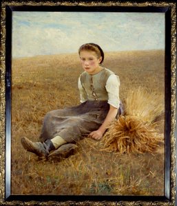 Malý švédský rolník sedící na seně. Obraz Hugo Salmsona (1844-1894) 1886 Sun. 1,34x1,10 m Nantes, musee des Beaux Arts - Malý sběrač. Malý švédský rolník sedí na seně. Obraz Hugo Salmson (1844-1894)