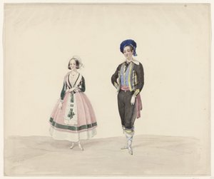 Muž a žena v historickém kostýmu, 1841 Šest akvarelů historických kostýmů pro kostýmní ples v roce 1841 (název série)