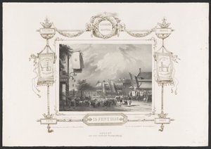 Průvod s tiskařským lisem, 1836 Optogt van eene working Drukkerij / 15. června 1836 (název na objektu) Talíře k oslavě druhého stého výročí Utrechtsche Hogeschool, 1836 (název série)