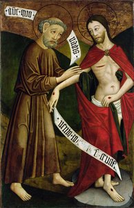 Kristus a svatý Tomáš, deska bývalého hlavního oltáře kostela svatého Petra a Pavla v Csíksomlyó, asi 1480 (vaječná tempera na desce)