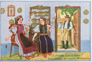 Pohlednice zachycující ženy v tradičním maďarském oděvu, jak předou a zpívají populární píseň Zpívej žábě, asi 1940. od Hungarian School
