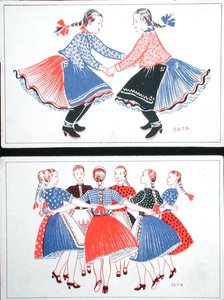 Pohlednice zobrazující tradiční maďarské tance, cca 1947-8 (barevné lito) od Hungarian School