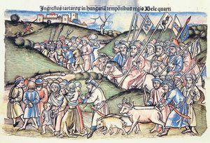 Mongolská invaze do Uher v roce 1241 za vlády Bély IV originální barevné dřevorytiny)