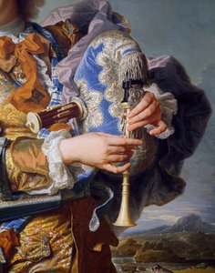 Gaspard de Gueidan hrající na dudy, cca 1735, Hyacinthe Rigaud (1659-1743), olej na plátně. Detail. Francie od Hyacinthe Francois Rigaud