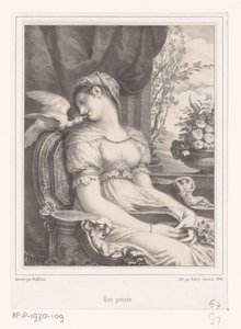 Sedící žena s knihou a bílým ptákem Une pensée (název na předmětu) od Hyacinthe Louis Victor Jean Baptiste Aubry Lecomte