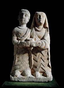 Iberické umění: soška páru přinášejícího oběť. Socha z Albacete, Cerro de los Santos, Španělsko. 4.–2. století př. n. l. Madrid, Museo Arqueologico Nacional