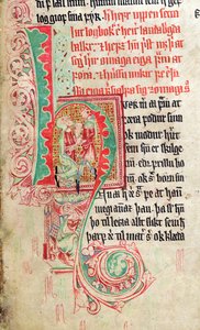 Historizovaná iniciála H, ze Skarosboku (Skardova kniha) kolem roku 1350