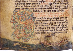 Historická iniciála S, z kopie původní sbírky zákonů Jonsbok ze 13. století