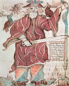 Odin se svými dvěma vránami, Huginem (myšlenka) a Muninem (paměť)