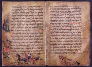 Dvě ilustrované stránky z kopie původní sbírky zákonů Jonsbok ze 13. století od Icelandic School