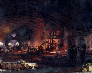 Průmyslová revoluce: “”Velká kovárna Fourchambault”” Detail obrazu Francoise Bonhomme (1809-1881) 1839. Fourchambault