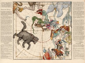 Severní pól, deska 1 z popisu nebeské zeměkoule v plochých rámech, hospoda. 1674 (ručně kolorovaná rytina) od Ignace Gaston Pardies