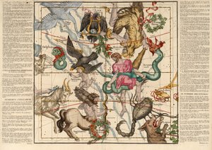 Zimní slunovrat , Deska 5 z popisu nebeské zeměkoule v plochých tabulkách, hospoda. 1674 (ručně kolorovaná rytina) od Ignace Gaston Pardies