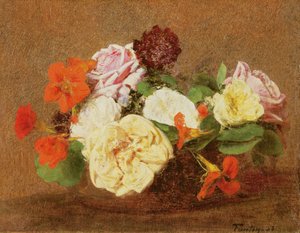 Růže a nasturtium ve váze, 1883