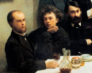 Roh stolu: zleva doprava: Paul Verlaine, Arthur Rimbaud, Elzear Bonnier. (Malba, 19. století) od Ignace Henri Jean Fantin Latour