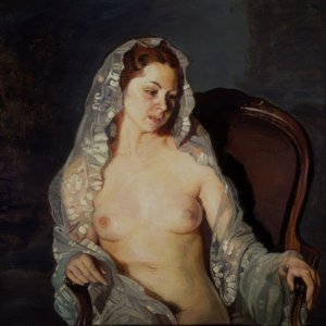 (ŽENA SEDÍ NAHÁ S PRŮHLEDNOU přikrývkou) - 20. STOLETÍ