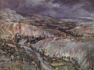 Venkov v Navarře – 20. století – 75,5 × 09 cm – olej na kartičce od Ignacio Zuloaga y Zabaleta