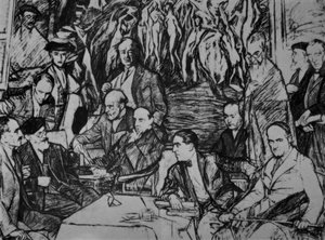 MOJI PŘÁTELÉ - 1920/36 - KRESBA - UHLÍK / OLEJ / PLÁTNO - 234X292 CM od Ignacio Zuloaga y Zabaleta