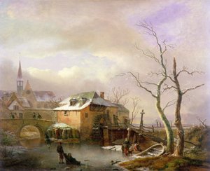 Zimní krajina s rolníky na zamrzlém mlýnském rybníku u vesnice (olej na plátně) od Ignatius Josephus van Regemorter