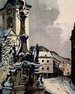 Pohled na Hainburg an der Donau, Rakousko, město, kde Franz Joseph Haydn (1732-1809) studoval hudbu v letech 1738-1740, tisk Igo Potsche (1884-1943) k oslavě stého výročí úmrtí hudebníka od Igo Potsch
