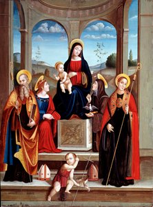 Madonna s dítětem a svatý Benedikt z Nursie, Justine, Placide a Scolastica (olej na dřevě, kolem roku 1515)