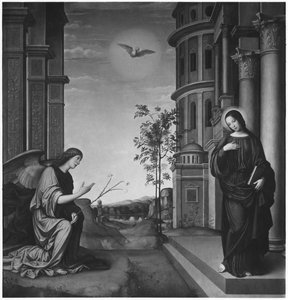 The Annunciation, c.1502 (olej na dřevě transponovaný na plátno)