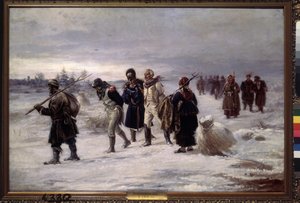 V roce 1812. (Vězni zajatí z Napoleonovy Velké armády chodí ve sněhu, vyčerpaní, doprovázeni ruskými rolníky). Obraz Illarion Michajlovič Pryanishnikov (1840-1894), olej na plátně