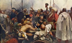 Odpověď záporožských kozáků sultánovi Mehmetovi IV. (Muhammad, Mehmet, Mehmed, Mahmúd) (1642-1693) z Turecka Rytina 19. století podle obrazu Ilji Repina. Ruští kozáci posílají nenávistné poselství turecké armádě Constan
