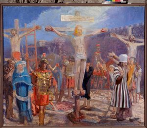 Kalvárie. (Scéna ukřižování). Po stranách vyobrazení dobrého zloděje (také nazývaného Saint Dismas (nebo Dysmas, Dimas, Dumas) a zlého zloděje (Gesmas nebo Gestas), dvou zlodějů ukřižovaných s Ježíšem Kristem. Malba Jurije Iljiče Repina (Youri od Ilya Efimovich Repin