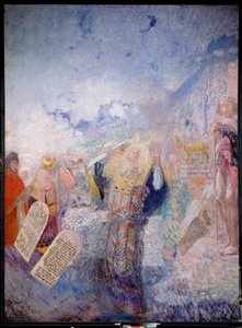 Mojžíš a desatero přikázání. Za ním Zlaté tele. Obraz Jurije Iljiče Repina (Youri Repin) (1877-1954), olej na plátně, kolem roku 1930. Ruské umění, 20. století, moderní umění. I. Repin Memorial Museum Penates, Petrohrad. od Ilya Efimovich Repin