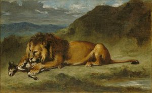 Lev požírající kozu od Imitator of Eugène Delacroix