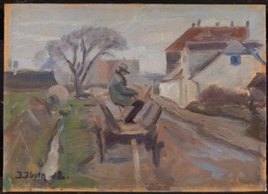 Malíř Ølund Hansen sedící ve vagónu Obraz od Immanuel Ibsen