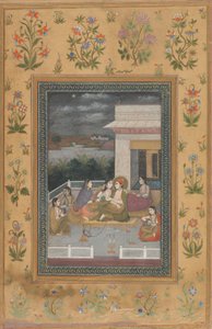 Pár na terase obklopený průvodci a hudebníky od Indian 18th Century