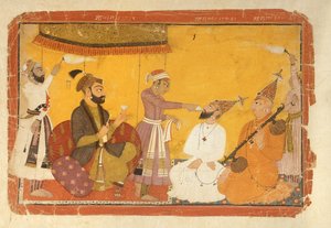 ]7.110359 Gosain Narayan bere jed v přítomnosti císaře Jahangira, Nurpur, škola Pahari, 1725 od Indian School