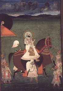 AS10 Album 43 č.4514 Kat.č. 514 iii Rana Sarup Singh (1842-61) z Mewar jede na kaštanovém hřebci, jeho pěšáci nesou slunečníky a královské vybavení, Udaipur, kolem 1855 od Indian School