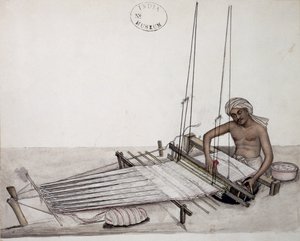 AS10 Vol.52 f5 4904 kat.201 i-iv Weaver at a tkalcovský stav, Bombay, c.1873 (akvarel na papíře) od Indian School