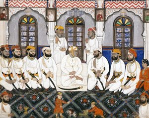 Jaipur raja oblečený pro uctívání v durbaru, kolem roku 1845 (neprůhledné wc a zlato na papíře) od Indian School