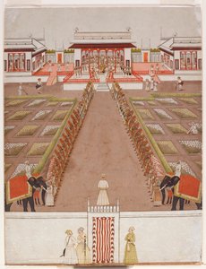Nawab držící dvůr v pavilonu, za alejí sluhů a dvou slonů, kolem roku 1765 (neprůhledné wc a zlato na papíře) od Indian School