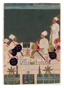 Náčelník Rathore se svými příbuznými, cca 1700 (neprůhledné wc a zlato na papíře) od Indian School