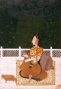 Krásná žena sedící proti podhlavníku, cca 1775 (neprůhledné wc a zlato na papíře) od Indian School
