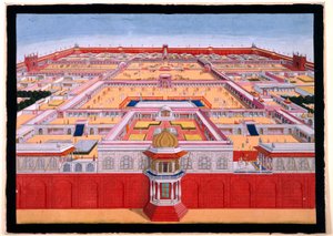 Pohled na Červenou pevnost v Dillí z ptačí perspektivy od východu, na němž je vidět císař, pravděpodobně šáh Alam (1759-1806), jak vstupuje do Diwan-i-Khas vpravo, asi 1780-90 (neprůhledný akvarel). od Indian School