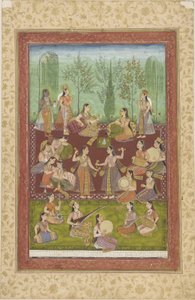 Skupina žen v zahradě, baví se hudbou a tancem (barva a zlato na papíře) od Indian School
