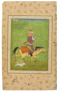 Obraz Iraj na lovu na koni se sokolem, Indie, Mughalské období, konec 16. století (neprůhledné pigmenty a zlato na wasli) od Indian School