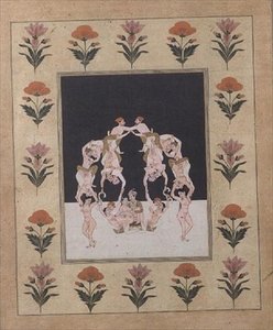 Dvojice milenců sedících na houpačce složené z dalších propletených milenců, cca 1830 (kvaš na papíře) od Indian School